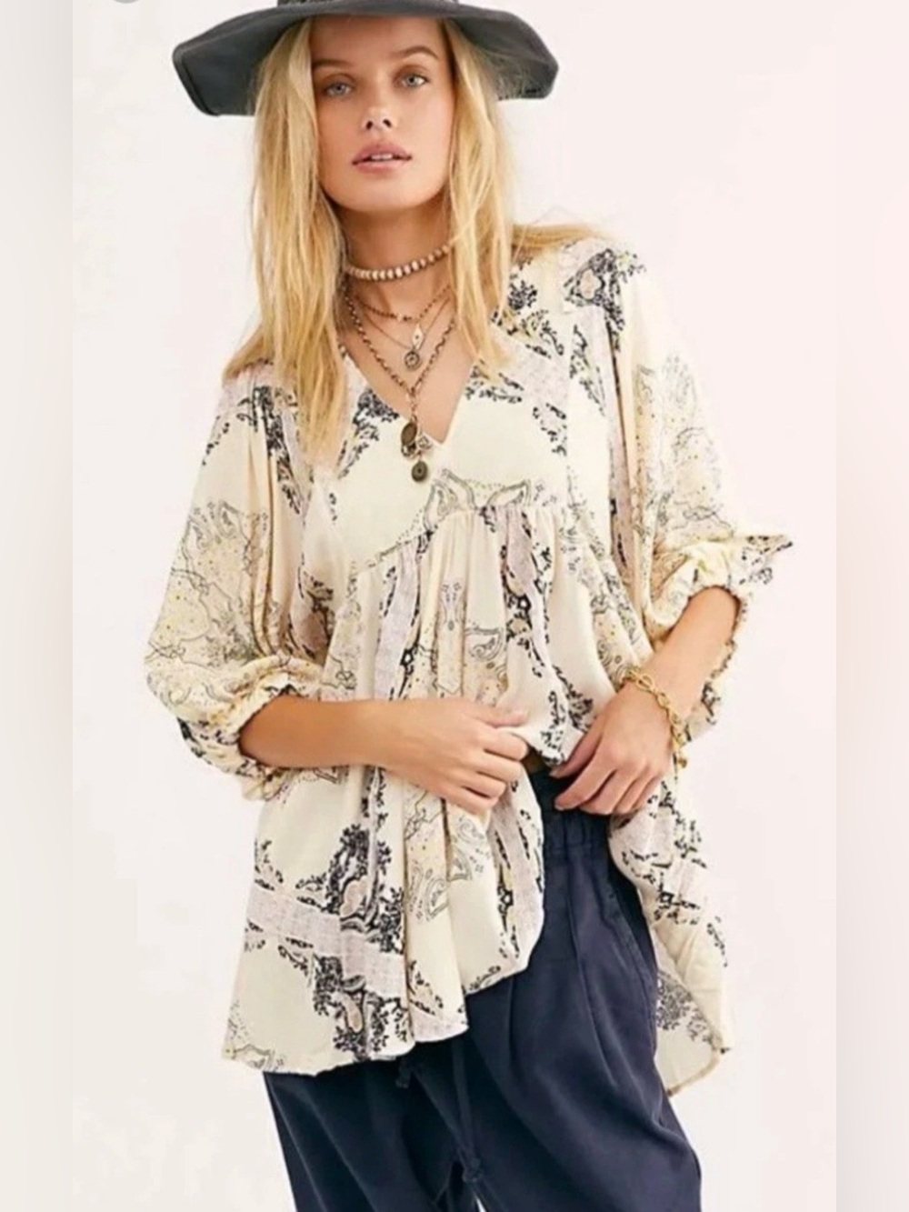 Free People Boho Babydoll Mini Dress/Blouse 70’s Vibe Festival Flowy Sleeves XS